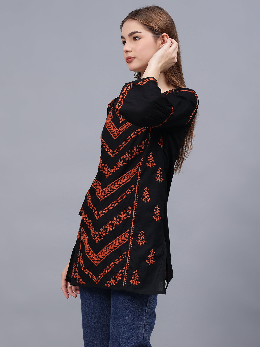 Black-&-Rust-Cotton-Embroidered-Chikankari-Straight-Tunic