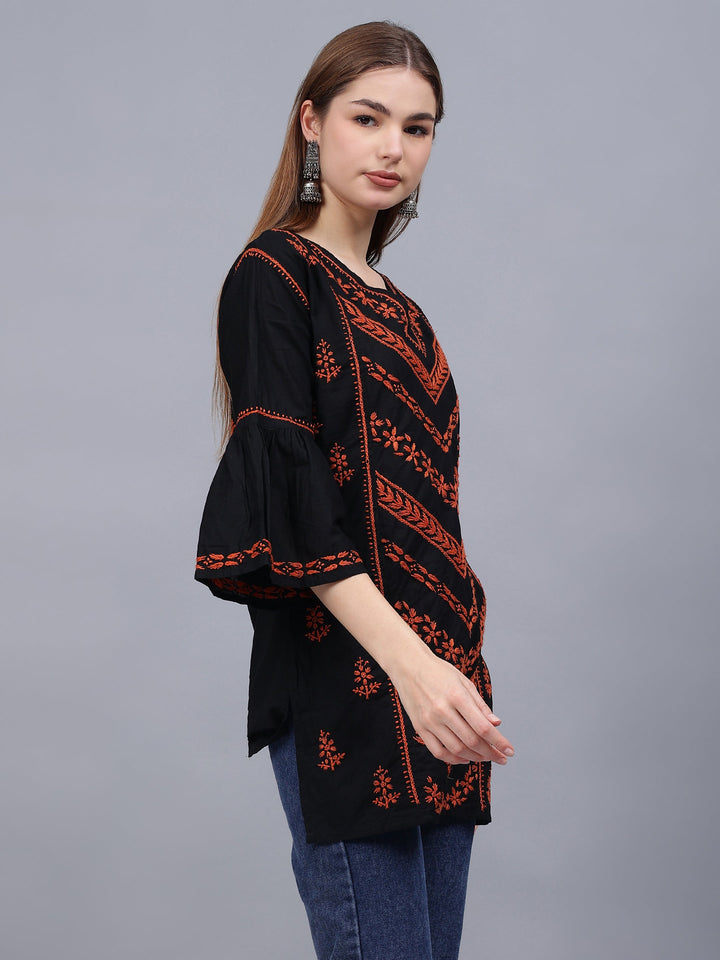 Black-&-Rust-Cotton-Embroidered-Chikankari-Straight-Tunic