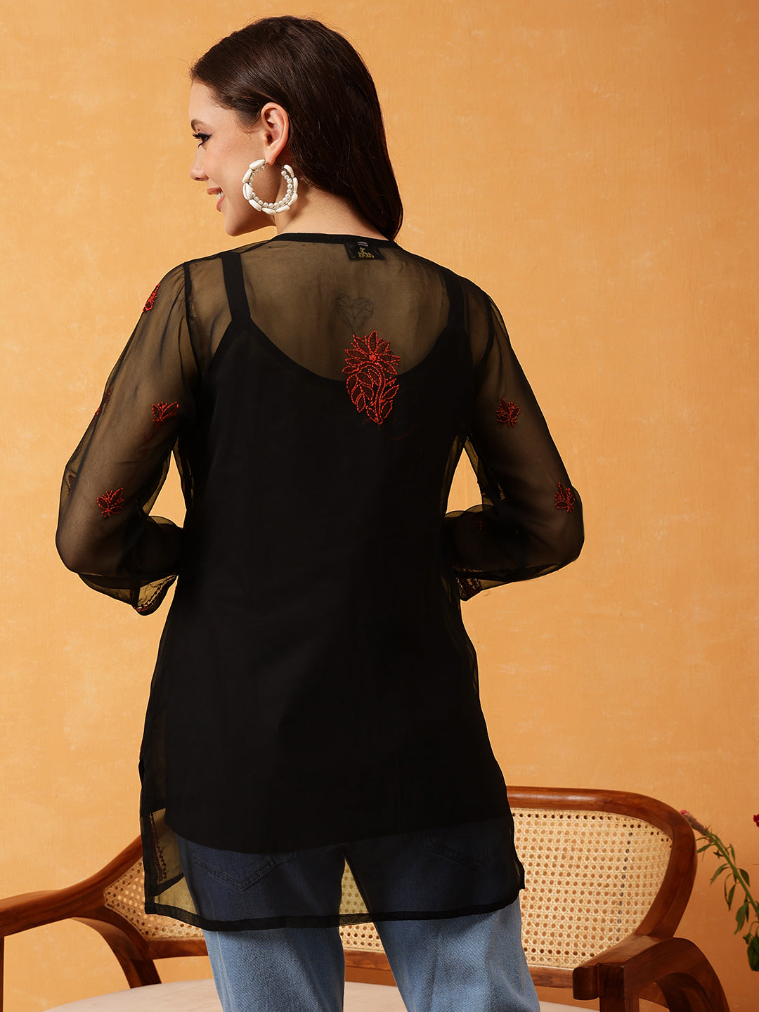 Black-&-Rust-Georgette-Embroidery-Chikankari-Tunic-With-Slip