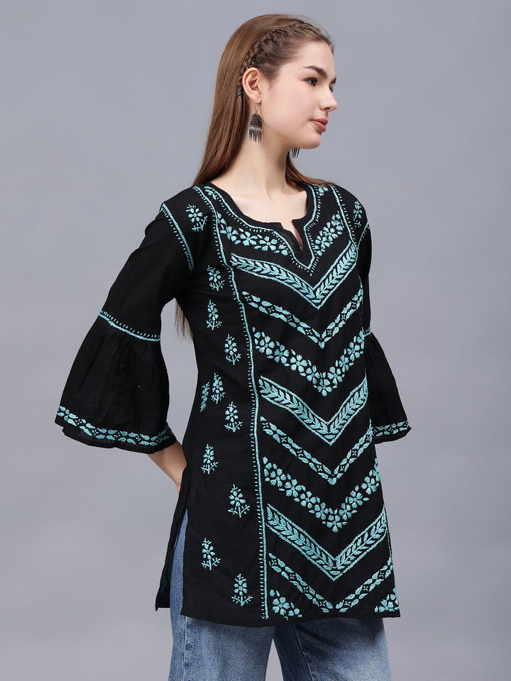 Black-&-Turquoise-Cotton-Embroidered-Chikankari-Tunic