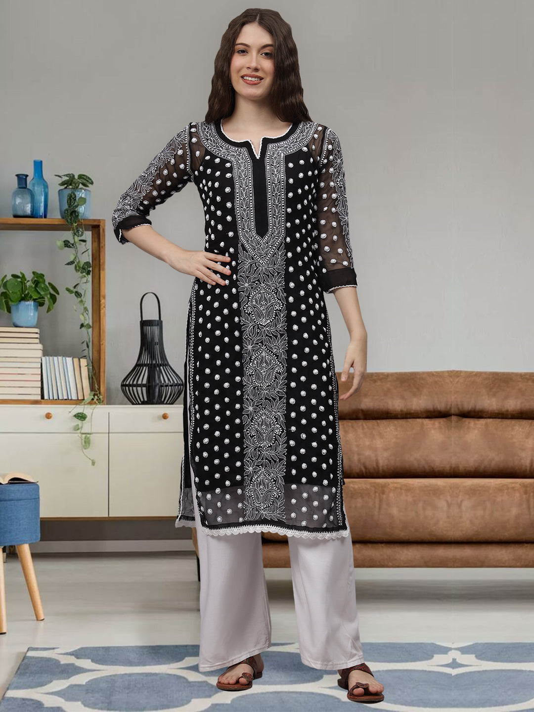 Black-&-White-Georgette-Embroidered-Chikankari-Kurti-With-Slip