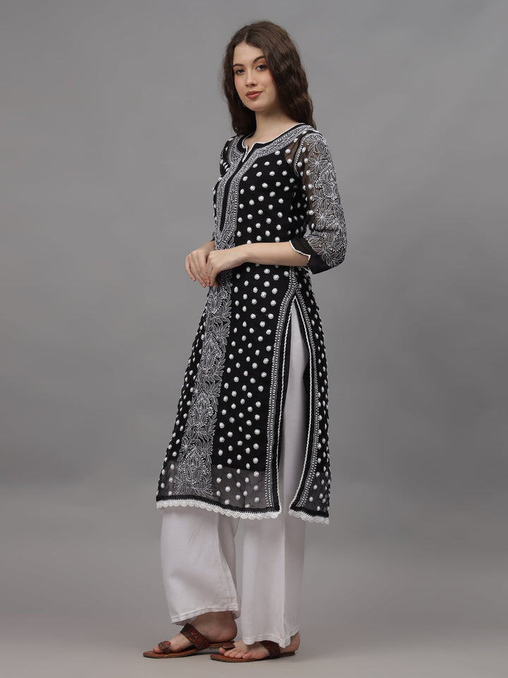 Black-&-White-Georgette-Embroidered-Chikankari-Kurti-With-Slip