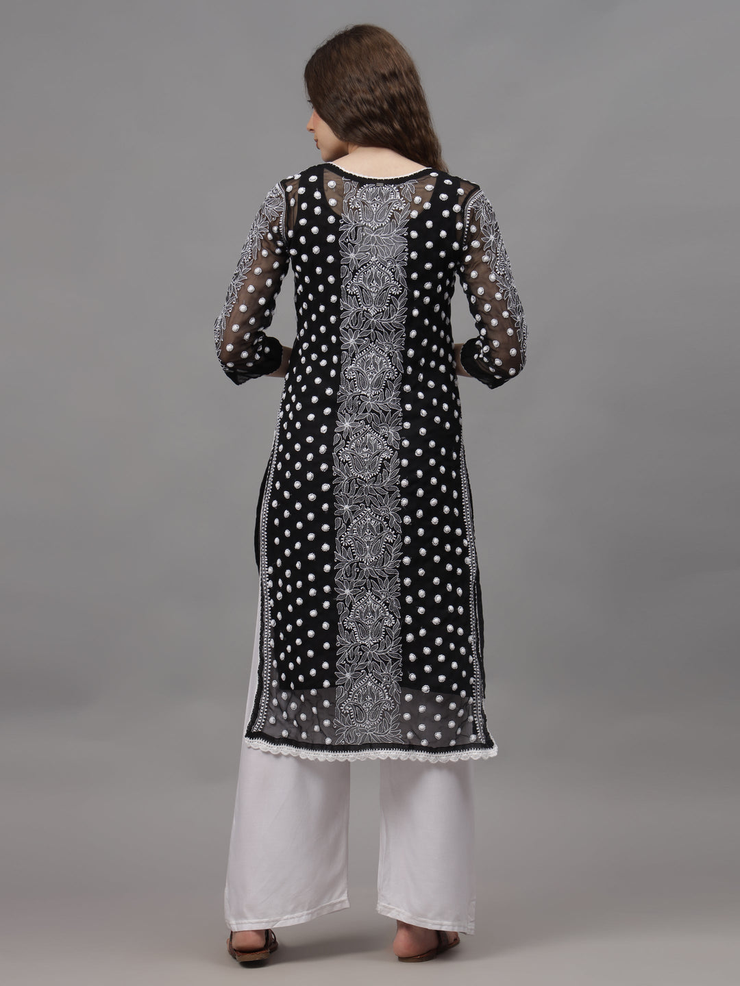 Black-&-White-Georgette-Embroidered-Chikankari-Kurti-With-Slip