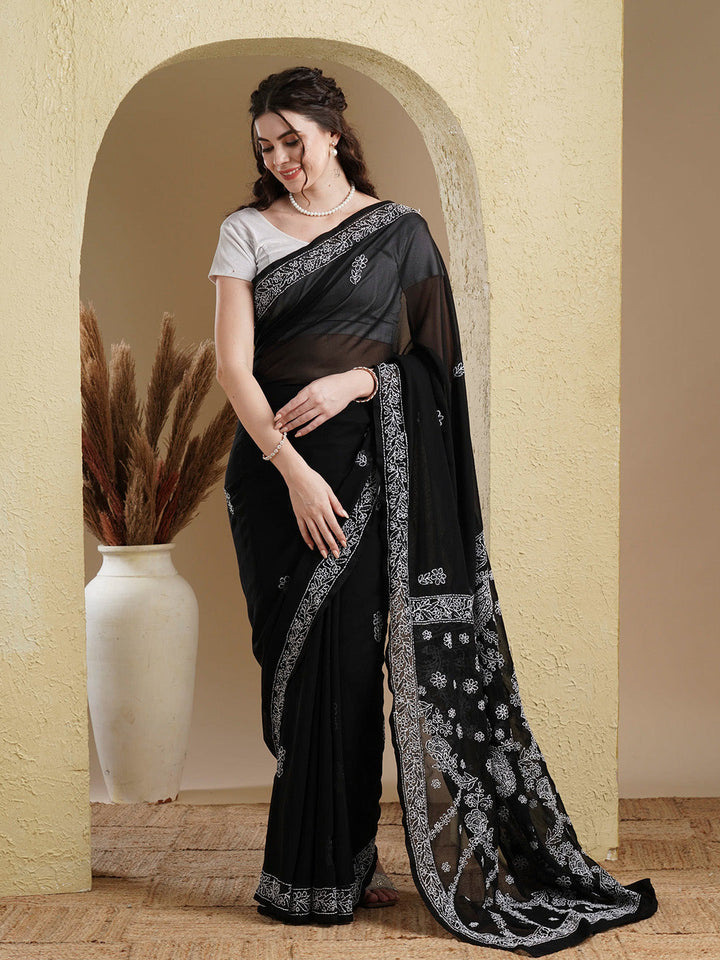 Black-&-White-Georgette-Hand-Embroidered-Chikankari-Saree