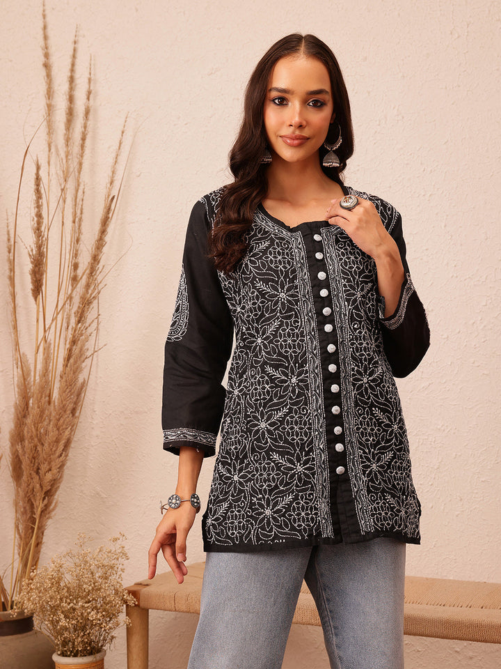 Black & White Handloom Cotton Chikankari Tunic