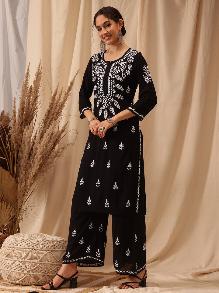 Black-&-White-Modal-Embroidered-Chikankari-2-Piece-Kurta-Set