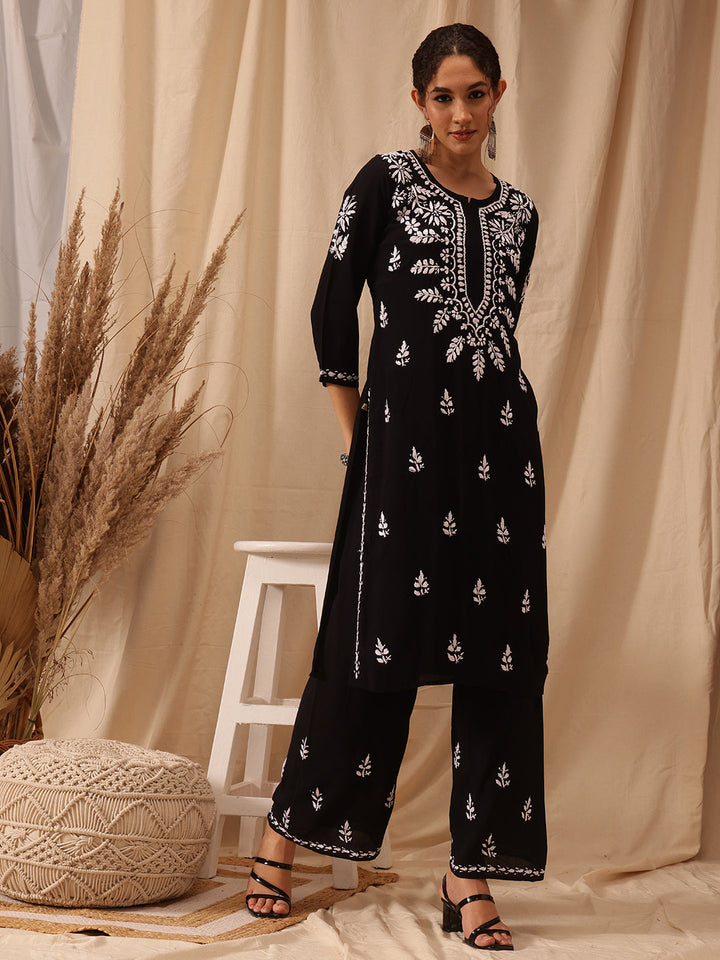 Black-&-White-Modal-Embroidered-Chikankari-2-Piece-Kurta-Set