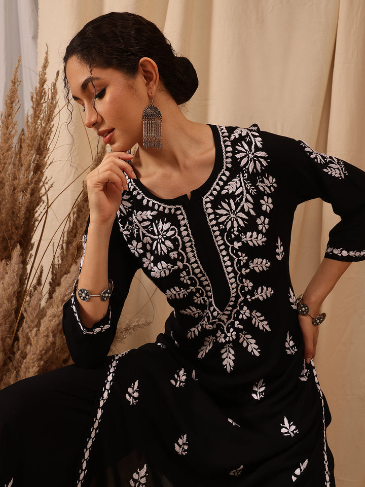 Black-&-White-Modal-Embroidered-Chikankari-2-Piece-Kurta-Set