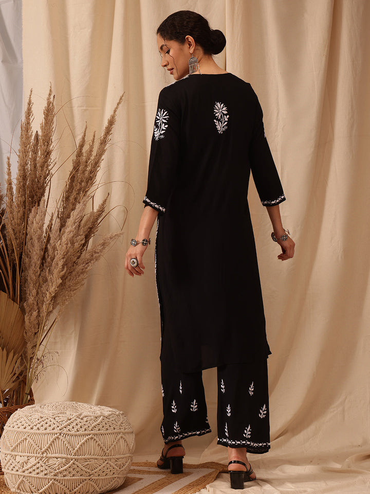 Black-&-White-Modal-Embroidered-Chikankari-2-Piece-Kurta-Set