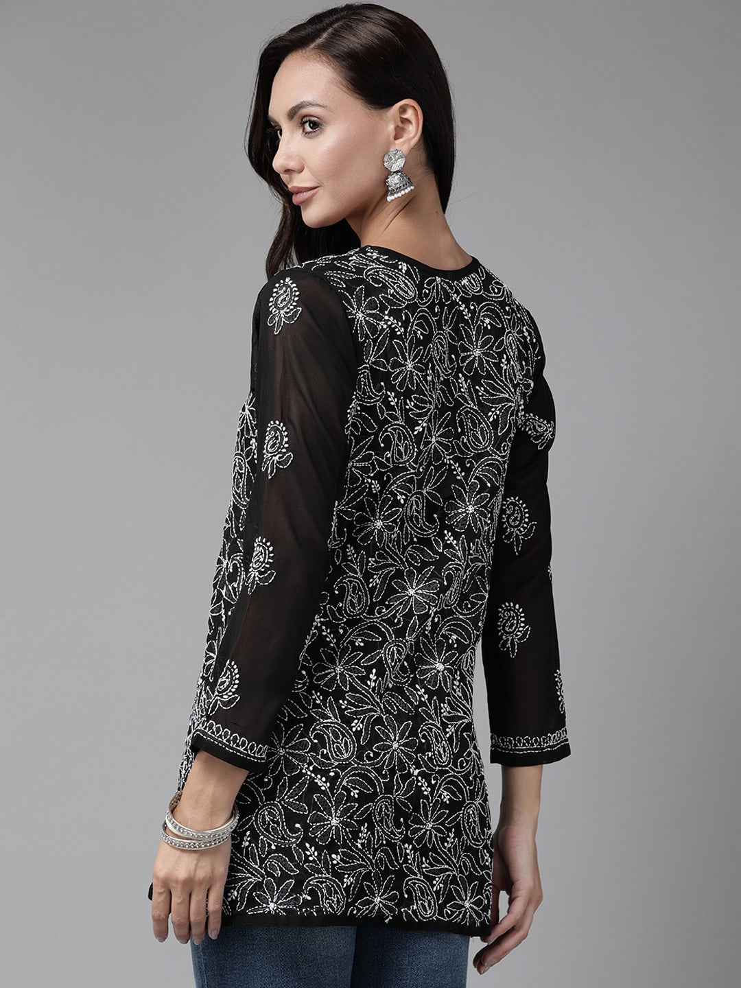 Black-&-White-Poly-Georgette-Embroidered-Chikankari-Kurti