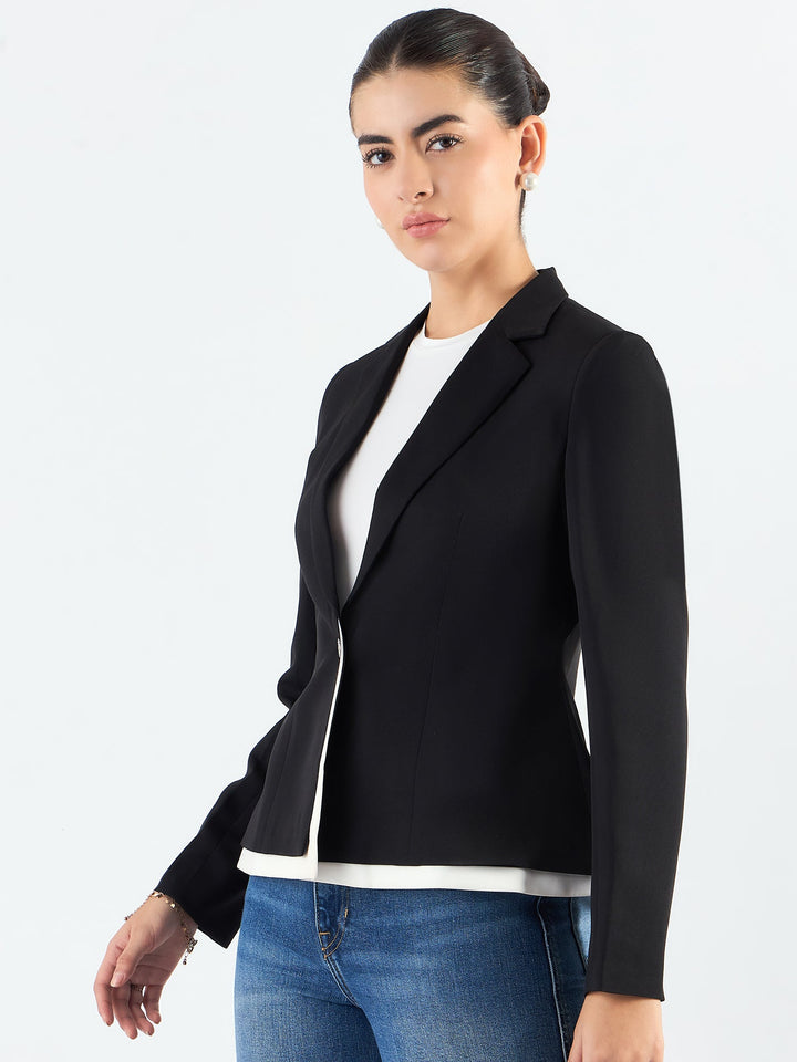 Black-&-White-Poly-Viscose-Layered-Structured-Blazer