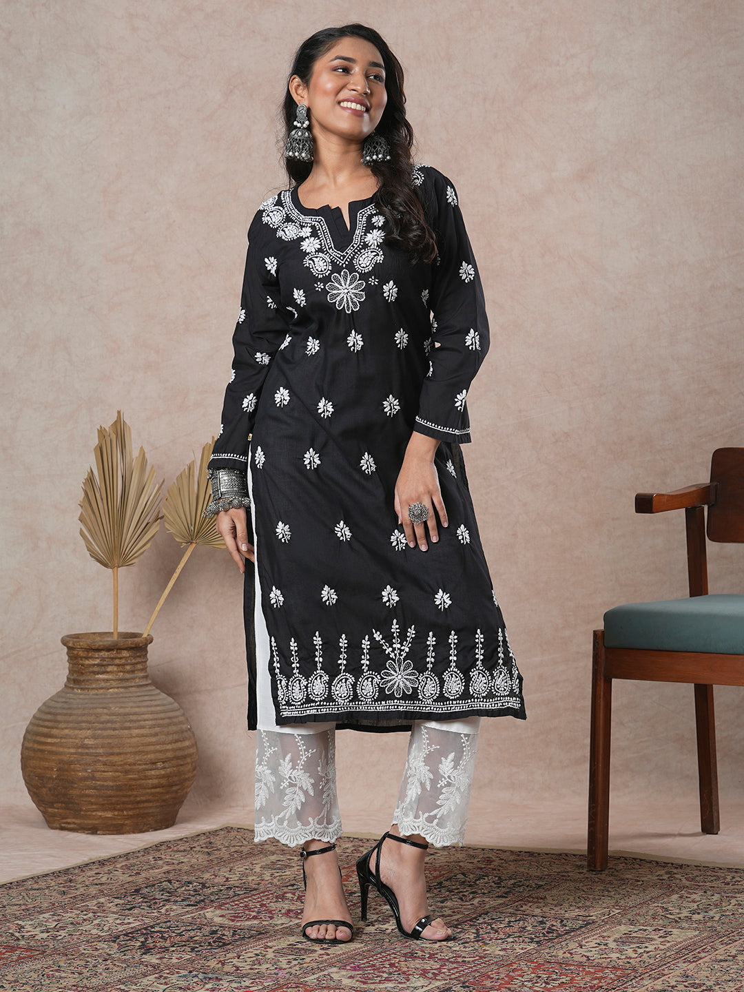 Black & White Sustainable Cotton Chikankari Kurta