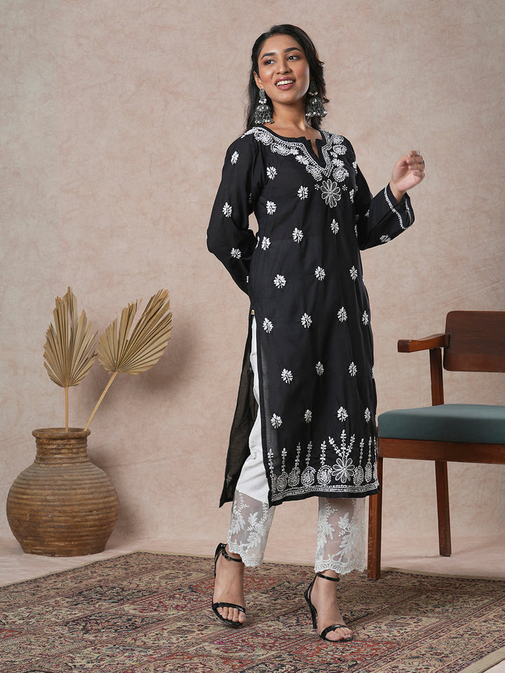 Black & White Sustainable Cotton Chikankari Kurta