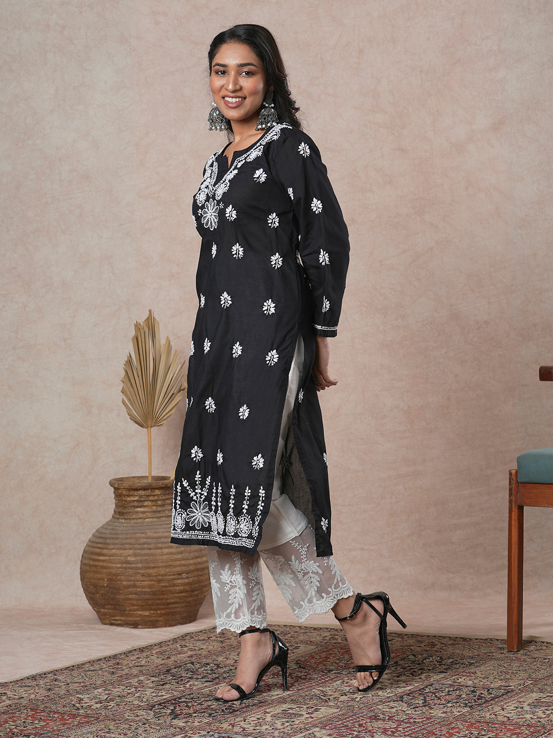 Black & White Sustainable Cotton Chikankari Kurta