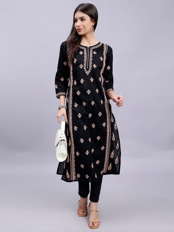 Black in Pink Thread Lucknowi Chikankari Embroidered Kurti