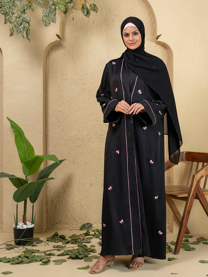 Black Polyester Embroidered Shrug Abaya 3-Piece Set