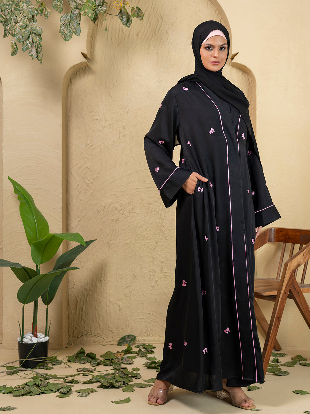 Black Polyester Embroidered Shrug Abaya 3-Piece Set