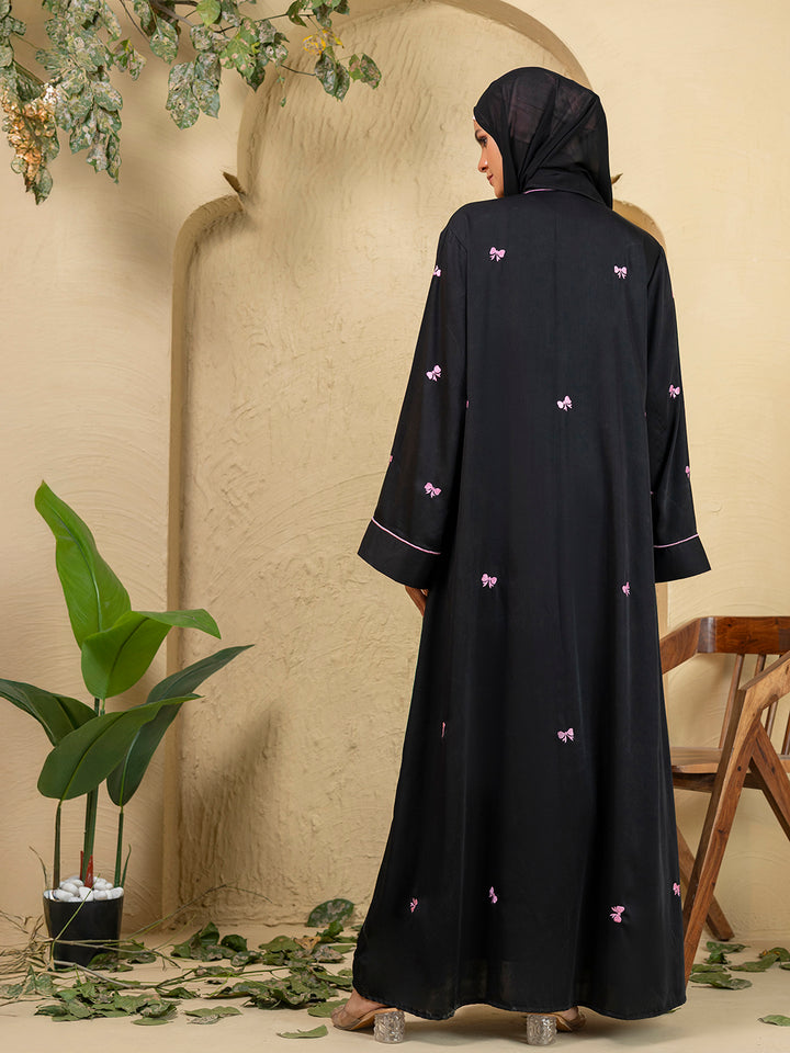 Black Polyester Embroidered Shrug Abaya 3-Piece Set