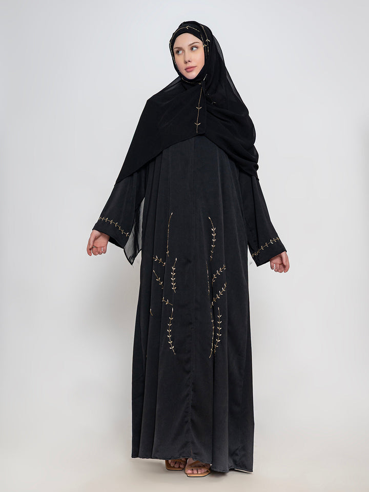 Black-100%-Polyester-Embroidered-Abaya-With-Scarf