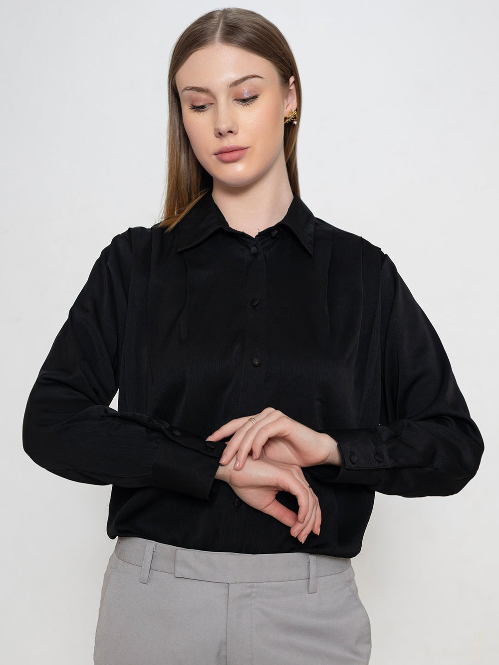 Black-100%-Polyester-Spread-Collar-Shirt-ONLY