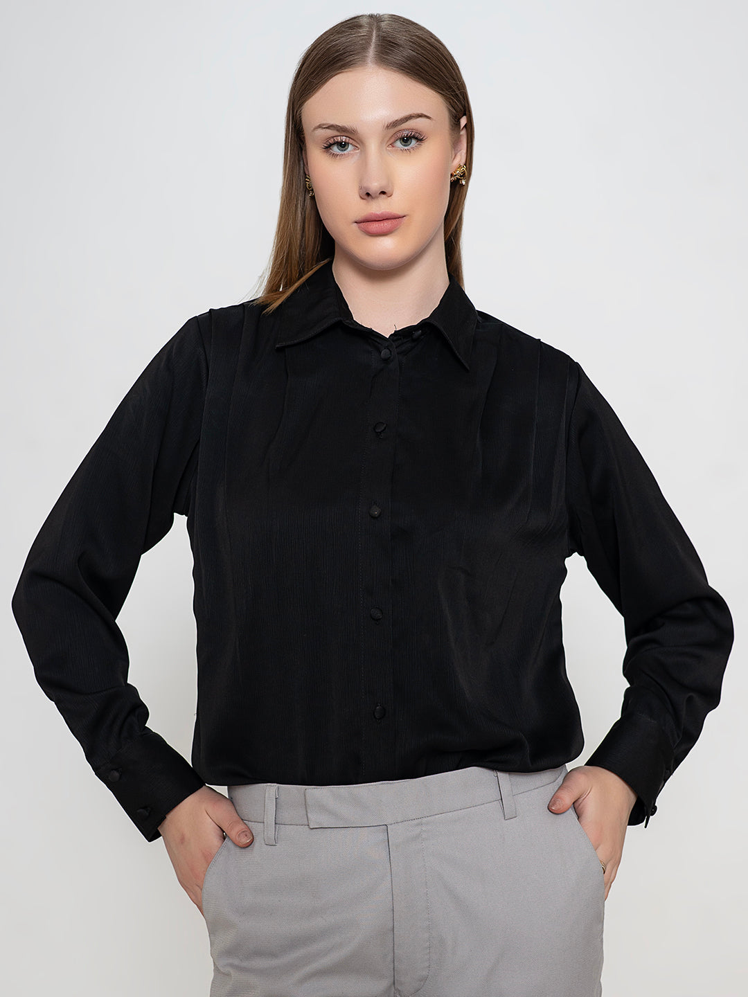 Black-100%-Polyester-Spread-Collar-Shirt-ONLY