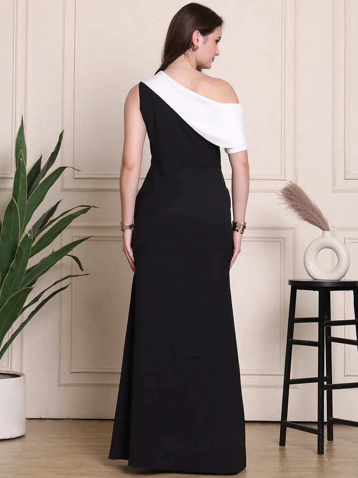 Black-And-White-Lycra-Elegant-One-Shoulder-Gown