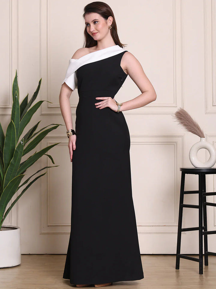 Black-And-White-Lycra-Elegant-One-Shoulder-Gown