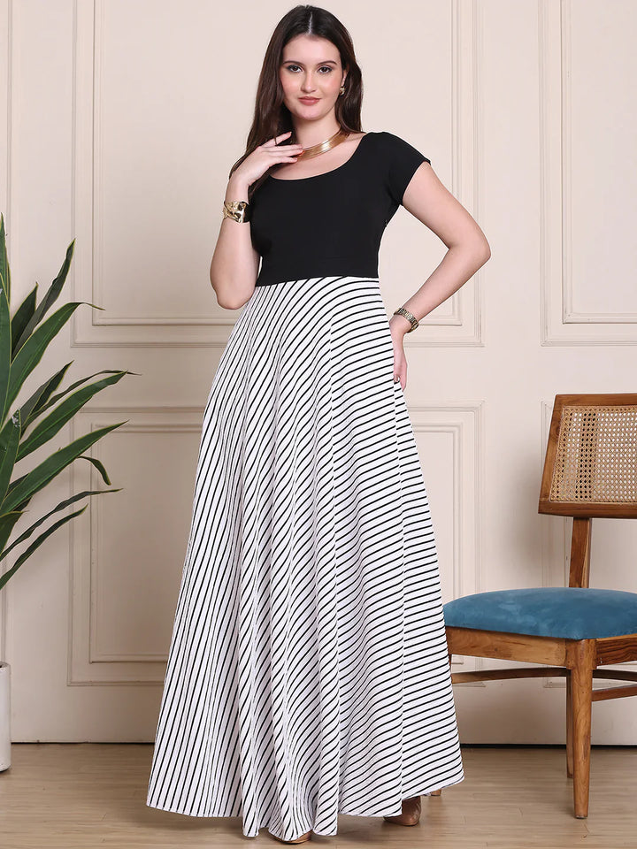 Black-And-White-Lycra-Dramatic-Cap-Sleeve-Gown