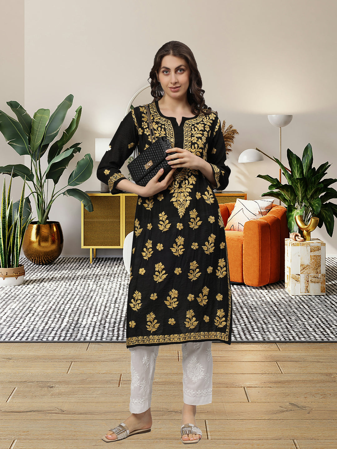 Black-Chanderi-Embroidered-Chikankari-Kurta-Only
