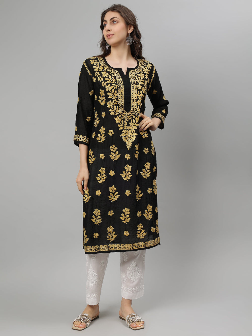 Black-Chanderi-Embroidered-Chikankari-Kurta-Only