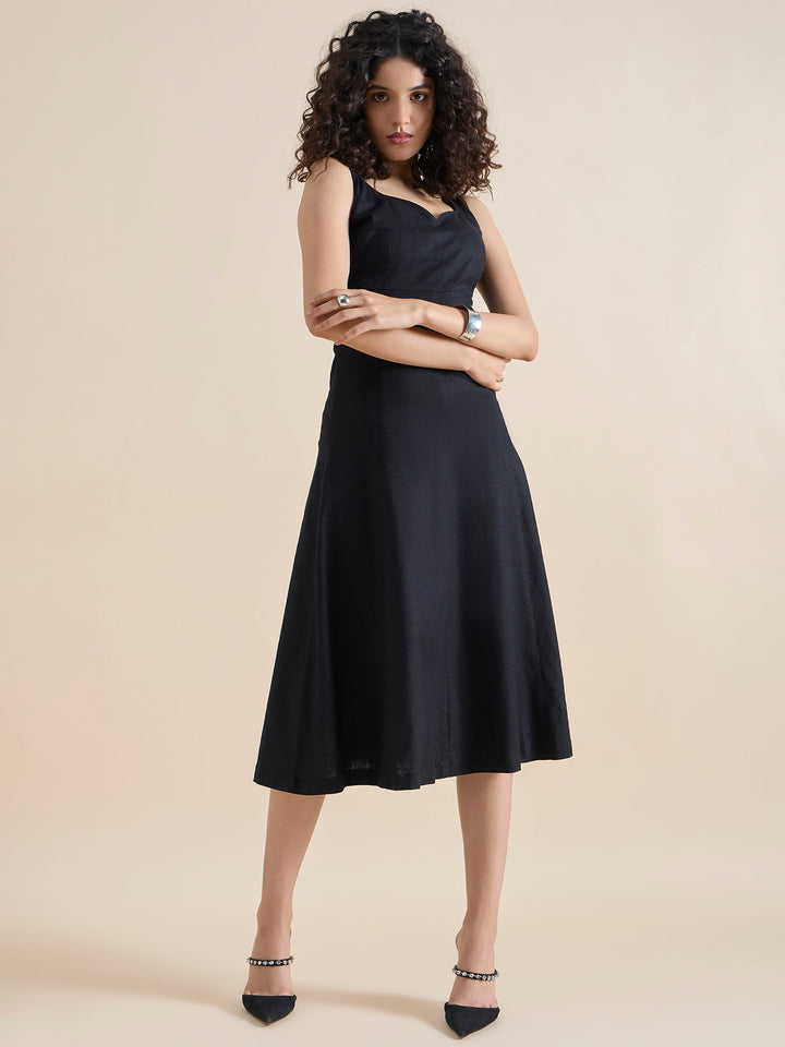 Black-Cotton-Linen-Sweetheart-Neck-Midi-Dress