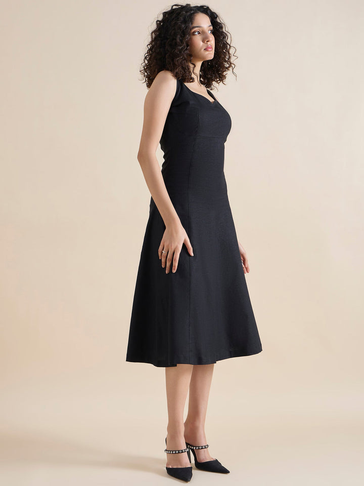 Black-Cotton-Linen-Sweetheart-Neck-Midi-Dress