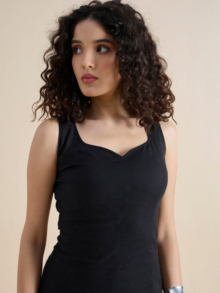 Black-Cotton-Linen-Sweetheart-Neck-Midi-Dress