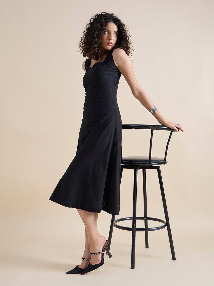 Black-Cotton-Linen-Sweetheart-Neck-Midi-Dress