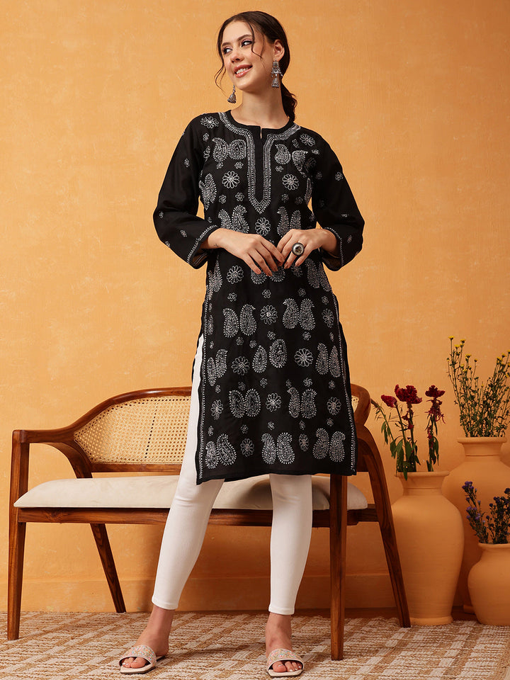 Black-Cotton-Embroidered-Chikankari-Kurta-Only