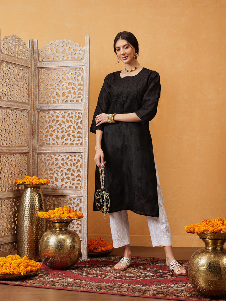 Black-Cotton-Solid-Embroidered-Chikankari-Kurta-Only