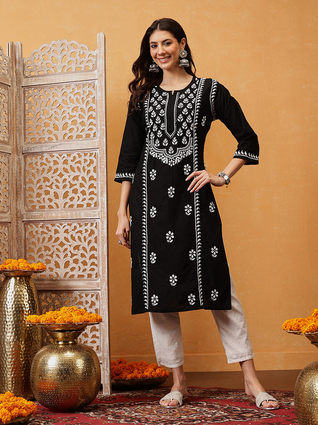 Black-Cotton-Ethnic-Motifs-Lucknowi-Chikankari-Kurta-Only