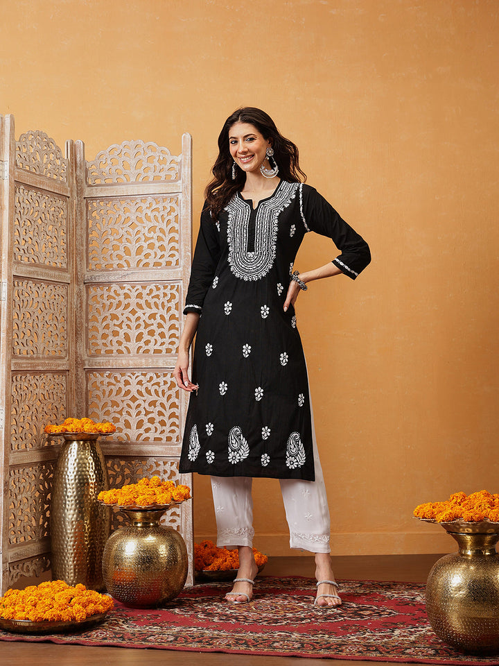 Black-Cotton-Embroidered-Lucknowi-Chikankari-Kurta-Only