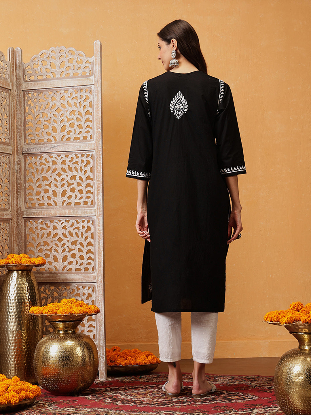 Black-Cotton-Ethnic-Motifs-Lucknowi-Chikankari-Kurta-Only