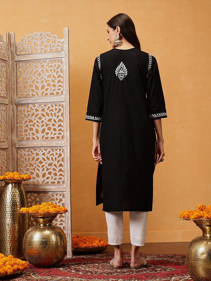 Black-Cotton-Ethnic-Motifs-Lucknowi-Chikankari-Kurta-Only