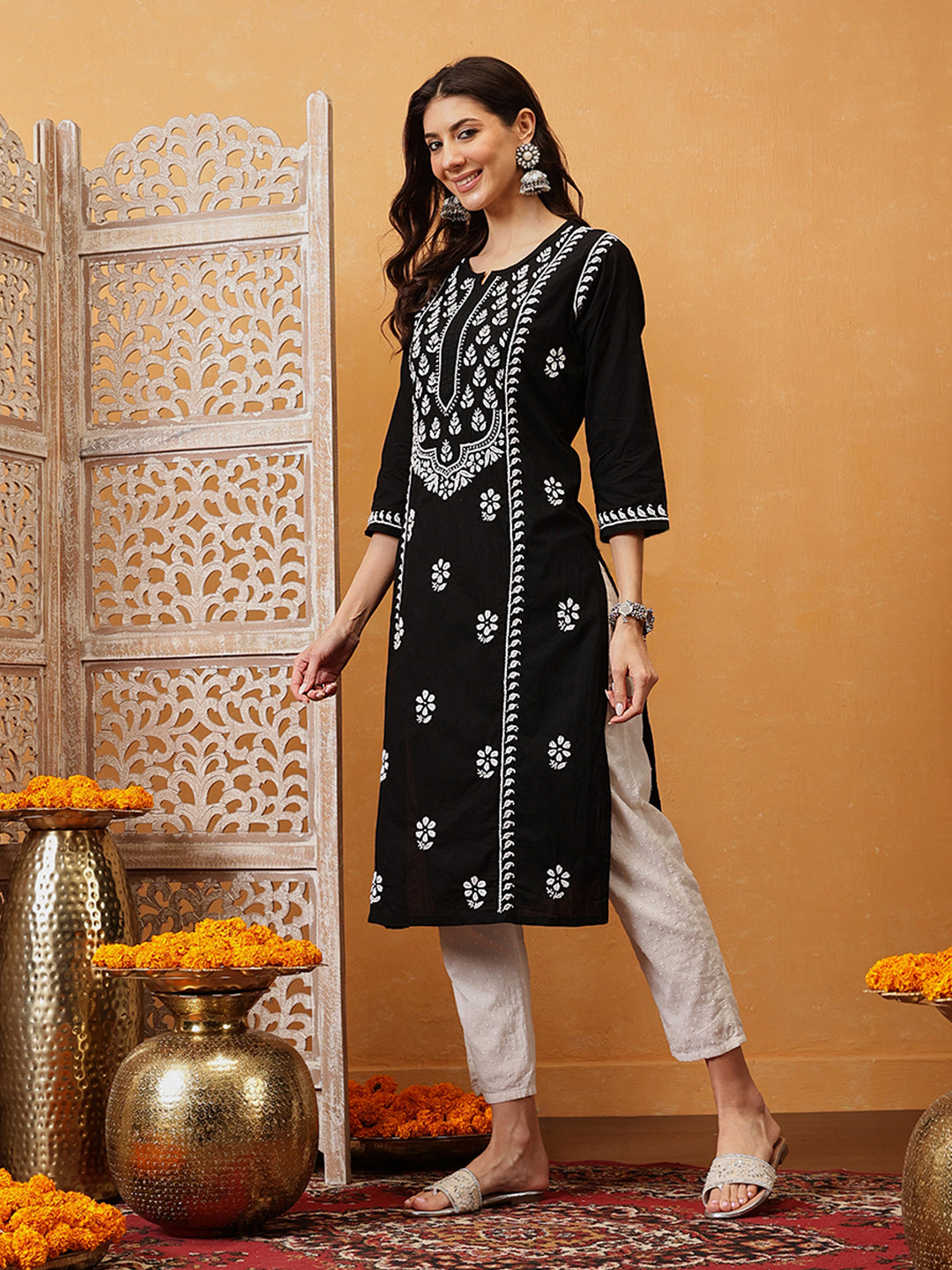 Black-Cotton-Ethnic-Motifs-Lucknowi-Chikankari-Kurta-Only
