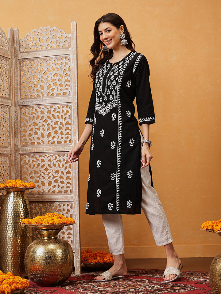Black-Cotton-Ethnic-Motifs-Lucknowi-Chikankari-Kurta-Only