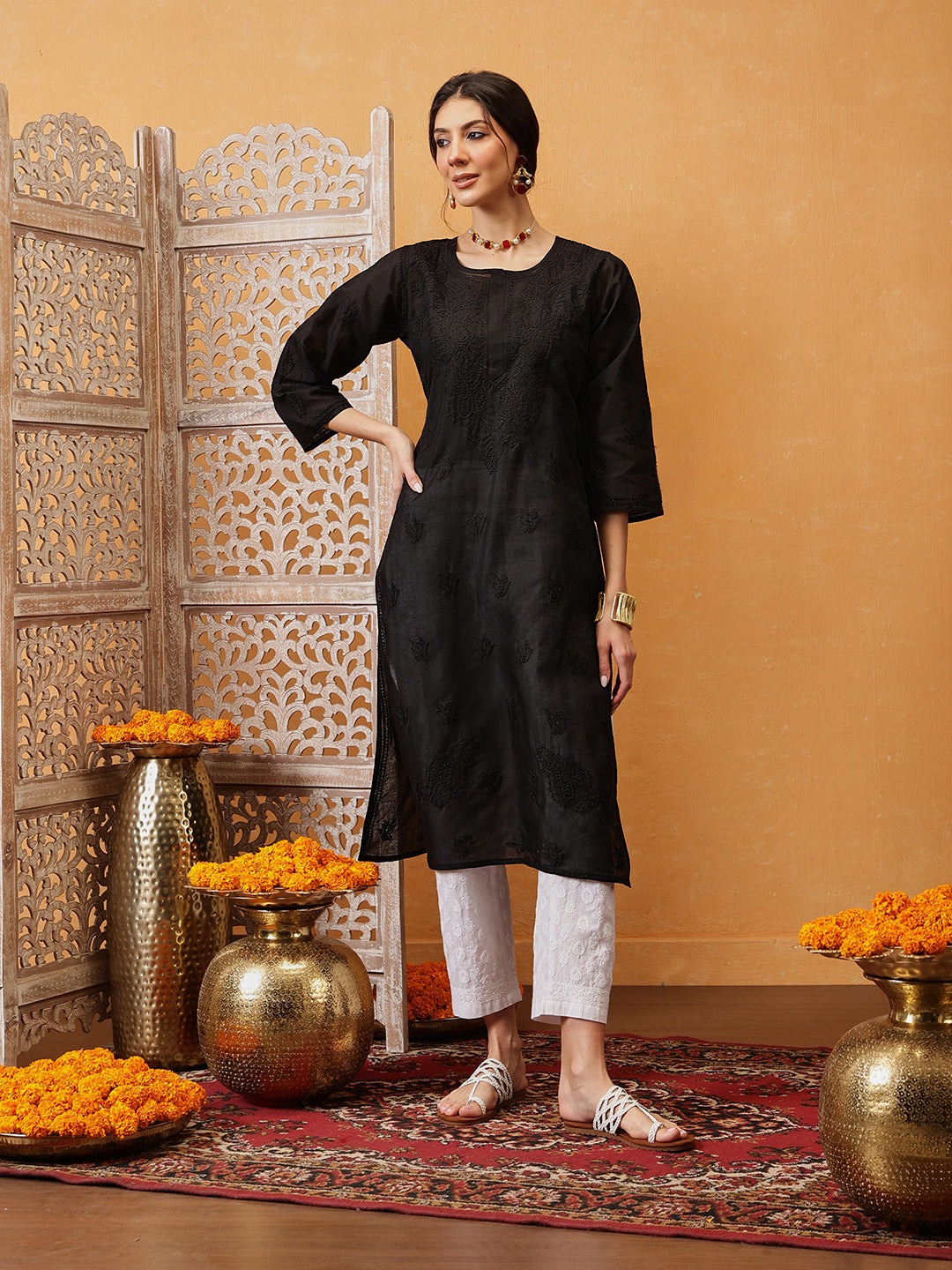 Black-Cotton-Solid-Embroidered-Chikankari-Kurta-Only