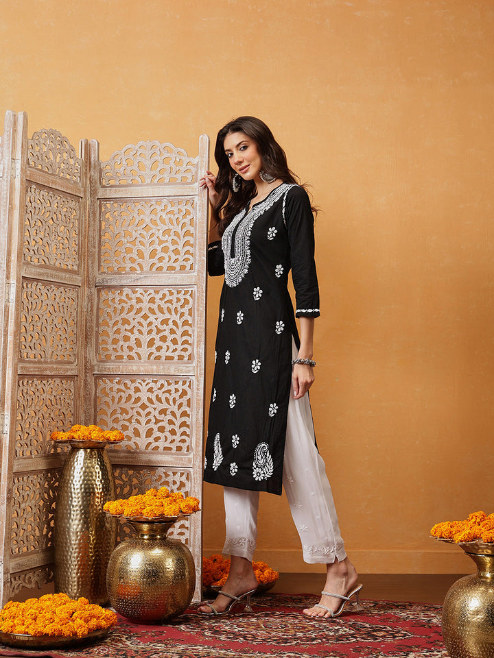 Black-Cotton-Embroidered-Lucknowi-Chikankari-Kurta-Only