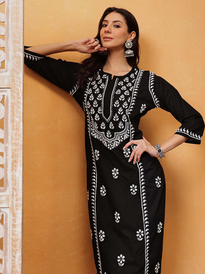 Black-Cotton-Ethnic-Motifs-Lucknowi-Chikankari-Kurta-Only