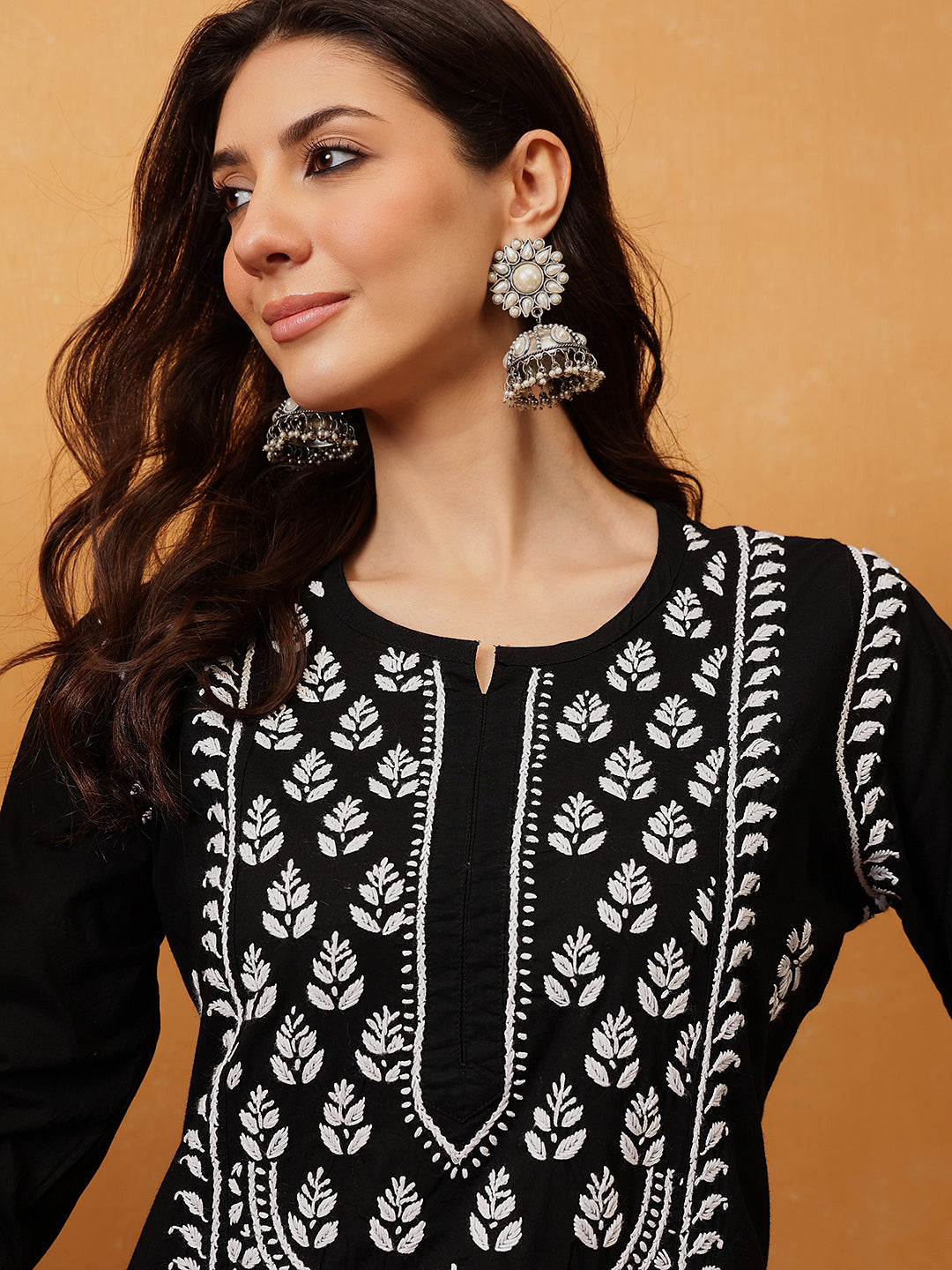 Black-Cotton-Ethnic-Motifs-Lucknowi-Chikankari-Kurta-Only