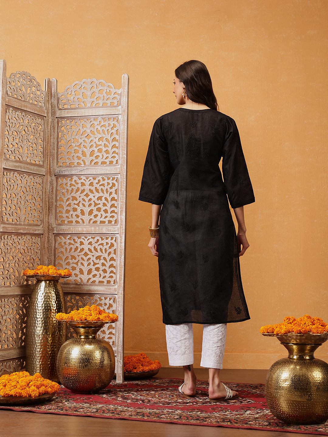 Black-Cotton-Solid-Embroidered-Chikankari-Kurta-Only