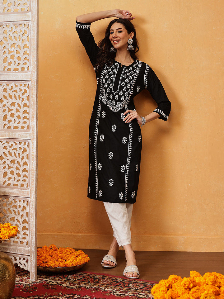 Black-Cotton-Ethnic-Motifs-Lucknowi-Chikankari-Kurta-Only