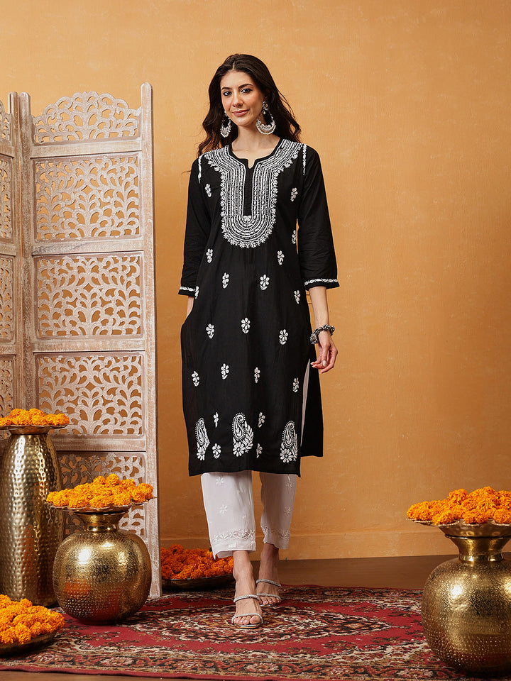 Black-Cotton-Embroidered-Lucknowi-Chikankari-Kurta-Only