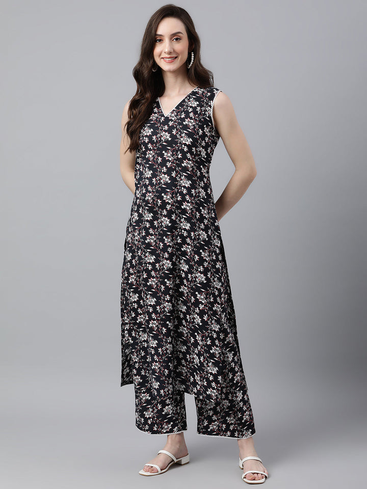 Black Cotton Floral Print Kurta & Pant Set